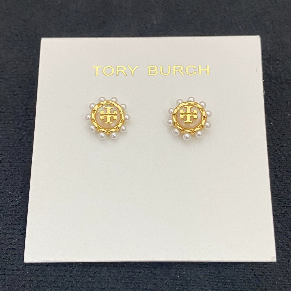 Tory Burch Letter Inlay Round Pearl Metal Stud Earrings